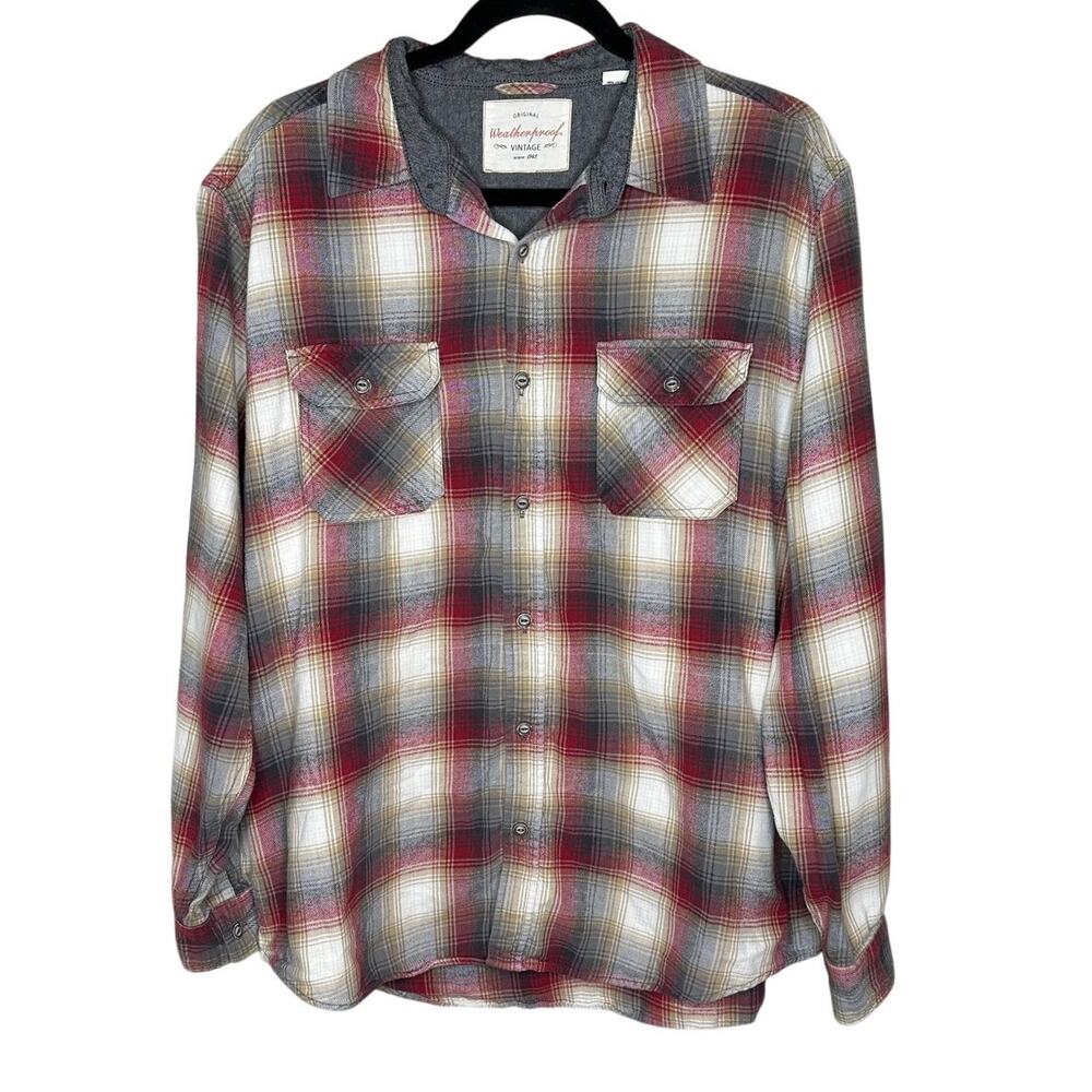 Weatherproof Vintage Antique Flannel Shirt XL Red Grey Plaid 2-Pocket Cotton